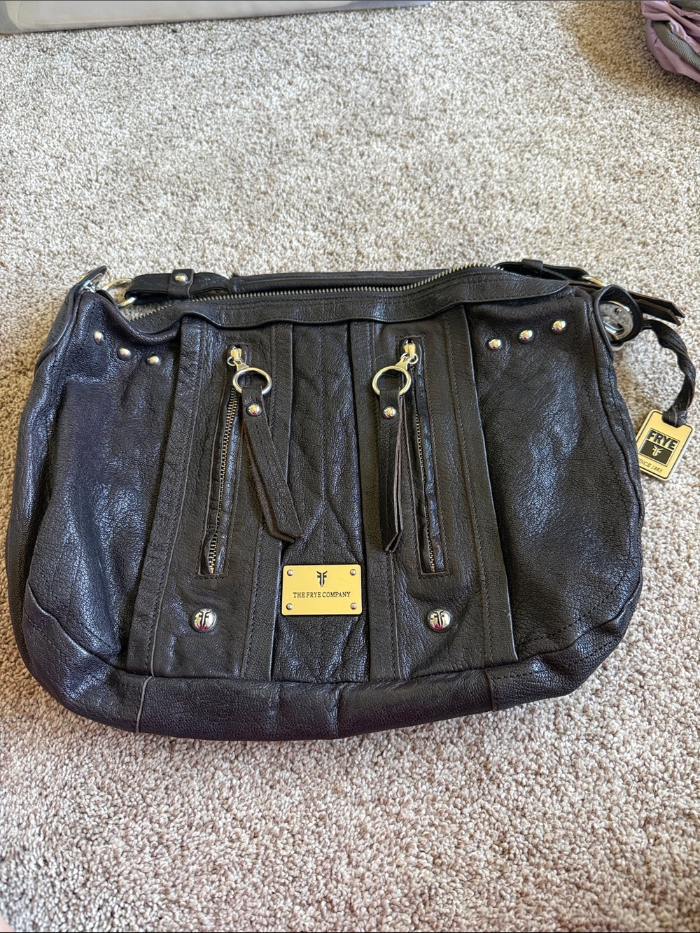 Shoulder black leather bag #Frye Black Leather Studded Shoulder Bag – Double Zip